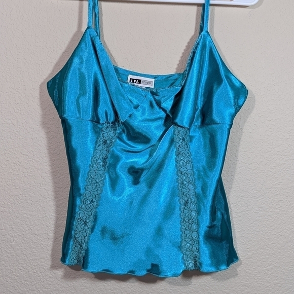 Silky Teal Satin & Lace Tank Top by I.N. Studio - Picture 3 of 3